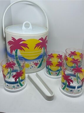 Retro Tropical Palm Ice Bucket Set with 4 Glasses - Pink, Yellow, Teal